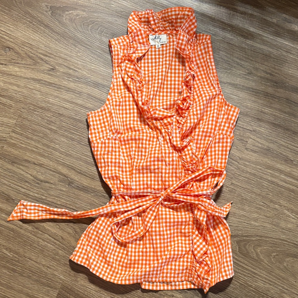 Milly of New York Vibrant Orange Checkered Blouse 2 sleeveless top shirt women’s